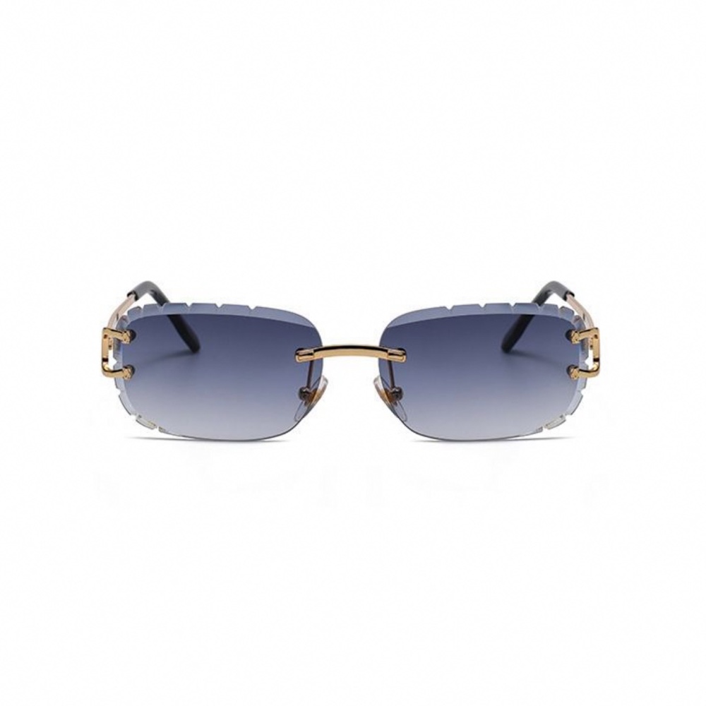 Mens Hand Carved Gold Frame Rimless Purple Tint Diamond Cut Luxury Sunglasses